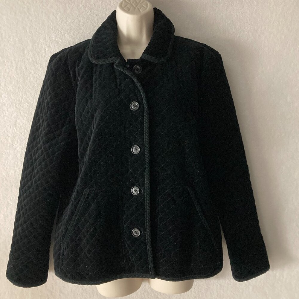 Chaps Black Quilt Jacket Diamond Print Buttons Pockets Lined Size L